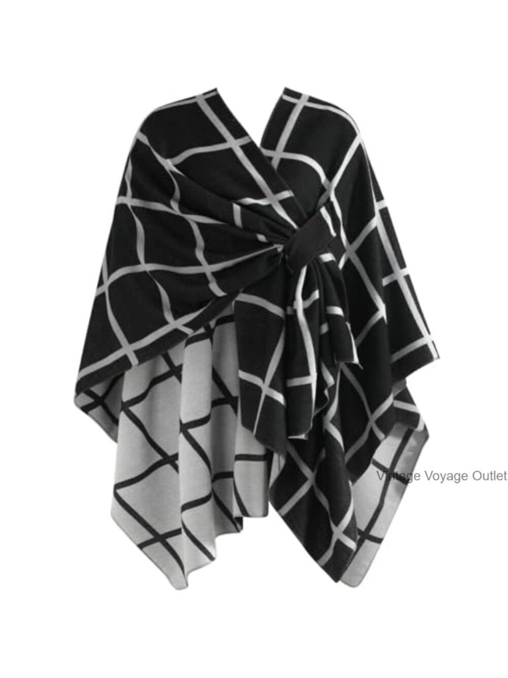 Reversible Checkered Shawl Wrap Open Front Poncho Polyester One Size